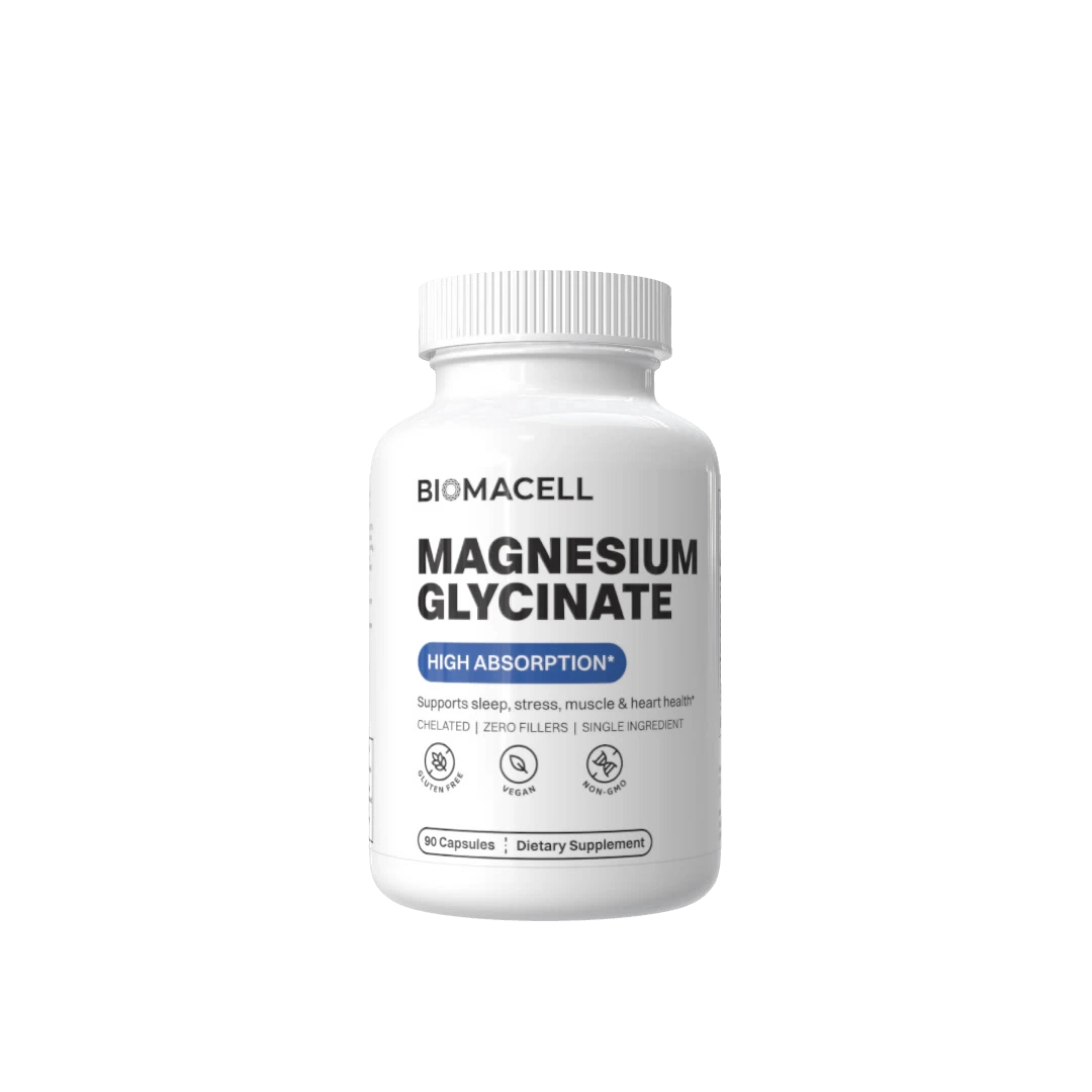 Biomacell Glicinato de Magnesio, 90 cápsulas, frasco sobre fondo blanco