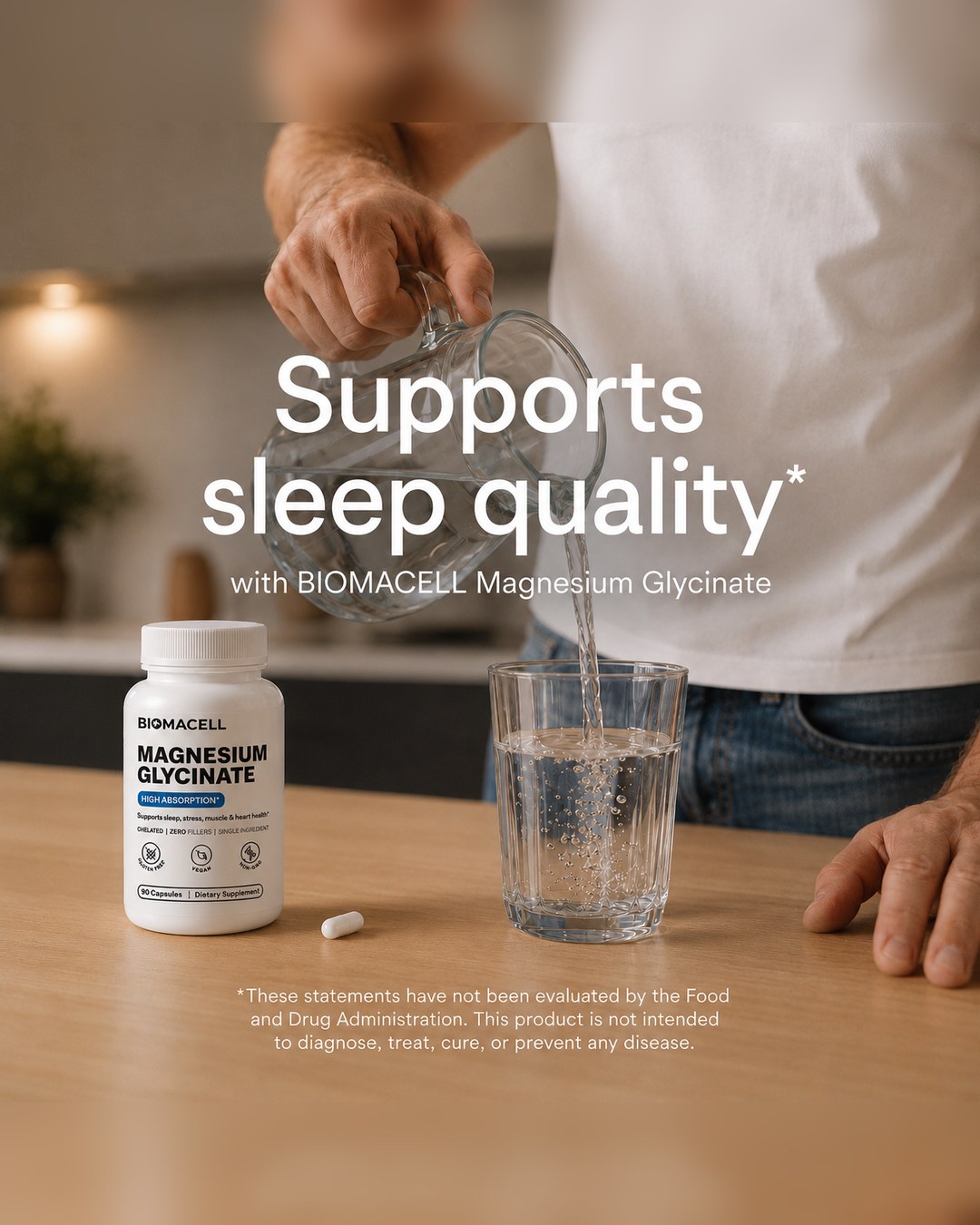 A glass of water poured beside a Biomacell Magnesium Glycinate bottle — magnesium supports sleep quality.*